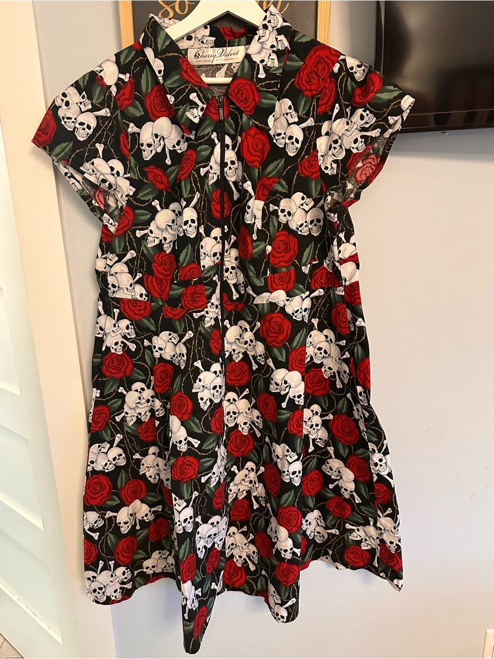 Skull & Rose Zip-Front Midi Dress in Black and Red
